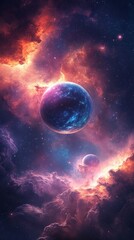 Obraz premium A cosmic nebula with two planets against a backdrop of stars — perfect for science fiction book covers, scientific articles about space, and poster designs.