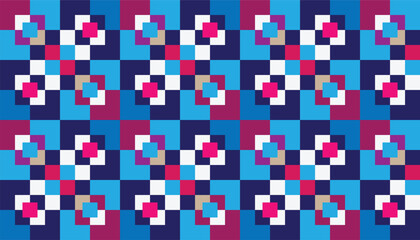 Seamless geometric pattern with layered square motifs in blue, purple, pink, and white tones