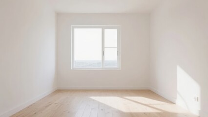Empty room with white walls, wooden floor, and a window letting in natural light