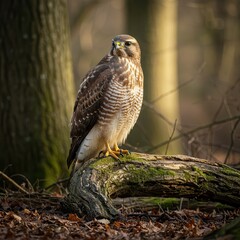 Buzzard perched on a mossy tree branch