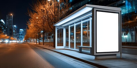 Vibrant Urban Illumination at Night City Billboard Advertisement at Bus Stop in Lively Neighborhood