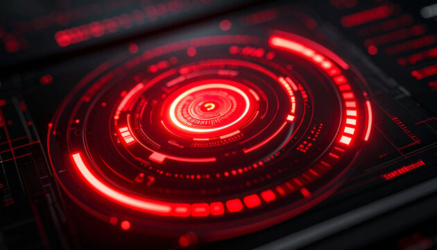 A futuristic digital interface with glowing red lights and a circular design. The image has a dark, high-tech aesthetic