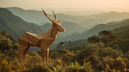 Origami deer stands majestically in the serene mountainous landscape at sunset