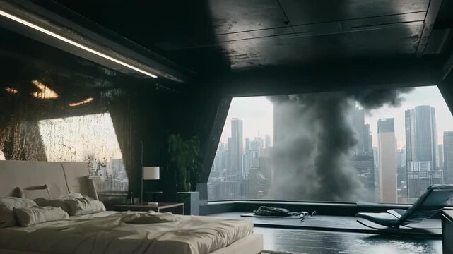 Explosion creating chaos outside luxury apartment window