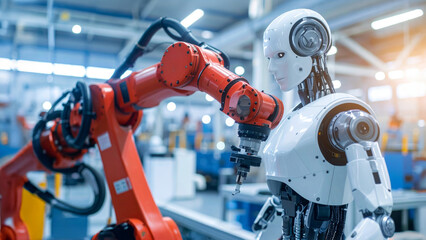 Robotic arm interacting with a humanoid robot, set in an industrial environment, signifying automation and technological progress. 