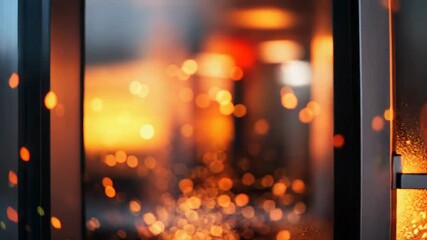 Glass door opening to a blurred orange background with sparkling particles - Powered by Adobe