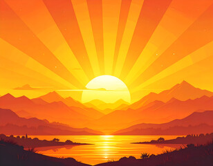 Illustration of a beautiful sunset or sunrise over mountains and a lake. A warm, orange, flat design landscape for backgrounds or travel concepts. Generative AI