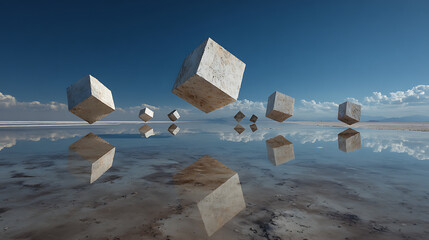 Floating concrete cubes reflect on a water surface under a clear blue sky with scattered clouds