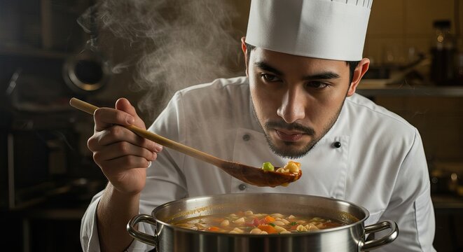 A chef in whites and a toque leans over a steaming pot lifting a spoonful of soup to smell - Powered by Adobe