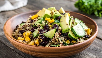 Quinoa salad with avocado, corn, and cucumber