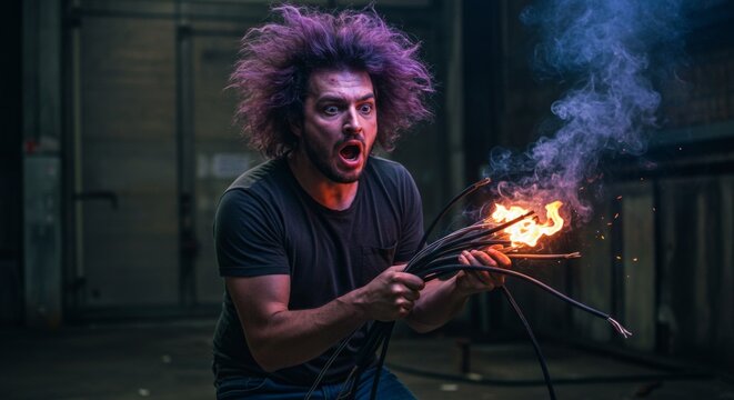 Shocked man holding burning electric wires