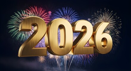 gold metallic text number "2026" against a dark background with colorful fireworks in the sky,  cinematic lighting,