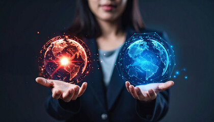 An elegant businessperson in a dark setting holding two globes representing global challenges or opportunities 