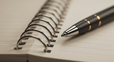 A spiral notebook with lined pages rests next to a black and silver pen positioned as if ready to write