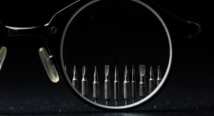 Black glasses frame ten screwdrivers centered against a dark backdrop