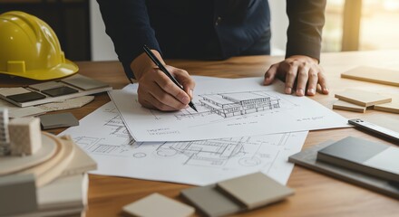 Architect drawing building plans on desk
