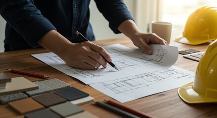 Architect reviewing building plans with pencil