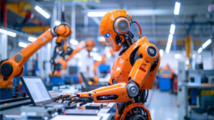 Fototapeta premium A futuristic orange robot working diligently on a laptop in a modern factory setting, showcasing advanced technology and automation