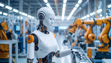 An advanced robot in a high-tech factory environment, showcasing modern automation and industrial innovation.