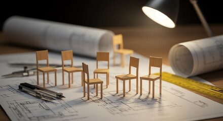 Architectural plans with miniature chairs and drafting tools