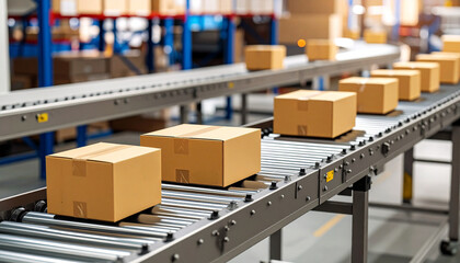 Conveyor belt filled with cardboard boxes in a warehouse environment. The boxes are in transit