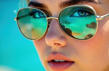 A woman wearing stylish sunglasses with reflective lenses and vibrant colors