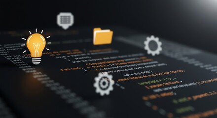 Code with lightbulb folder and gear icons