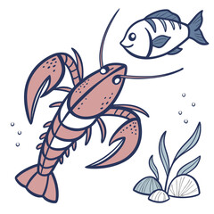 Pink lobster and blue fish underwater ocean