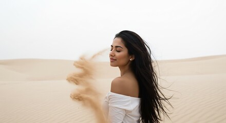 Femme serene souffle sable fin dune clair lumi�re douce. AI Generated