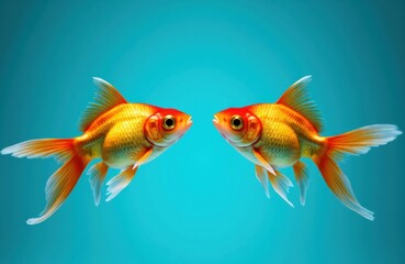 Fototapeta premium Two goldfish facing each other swimming in clear water with a vibrant blue background