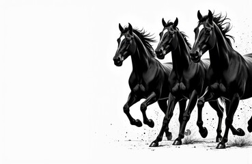 Three black horses galloping together on a white background with motion dust