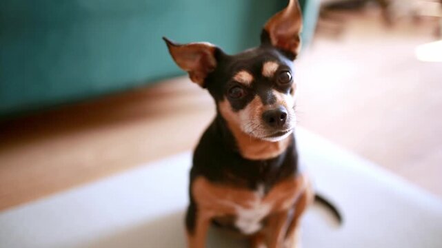 Funny small dog turning its head in different directions, looking curious and playful indoors. Close up of a cute pet with expressive eyes and ears.