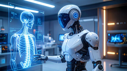 An advanced humanoid robot examining a medical scan display