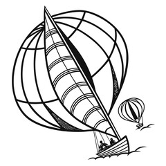 Sailboat and hot air balloon sailing on water waves