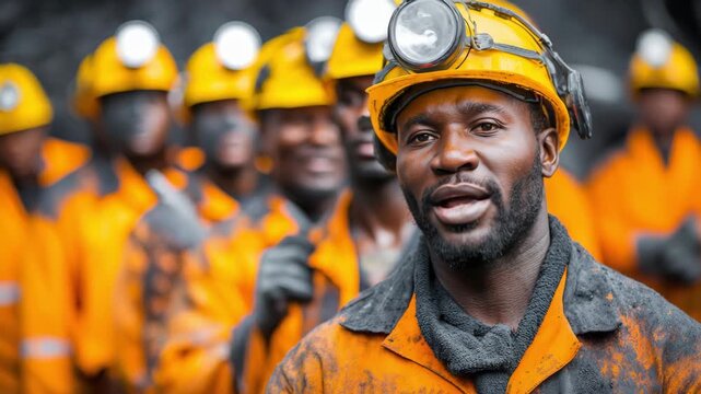 Smiling miner in hard hat with a headlamp. Group of miners in the background. Teamwork, labor, and safety depicted in this striking image.