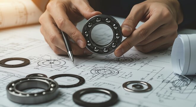 Engineer examining bearing with technical drawings