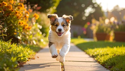 Obraz premium A playful puppy running on a garden path