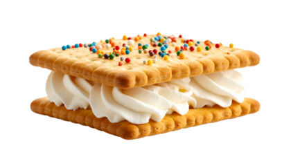 A delightful sandwich cookie with frosting and colorful sprinkles, perfect for a sweet treat