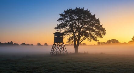 Foggy field with tree and hunting stand at sunrise