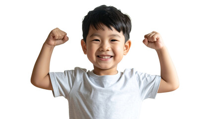 A happy child smiles, flexing his arms, demonstrating strength and confidence. The boy's expression is full of joy and positivity