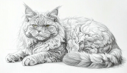 Detailed pencil sketch of a Maine Coon cat, showcasing its fluffy fur and relaxed posture.