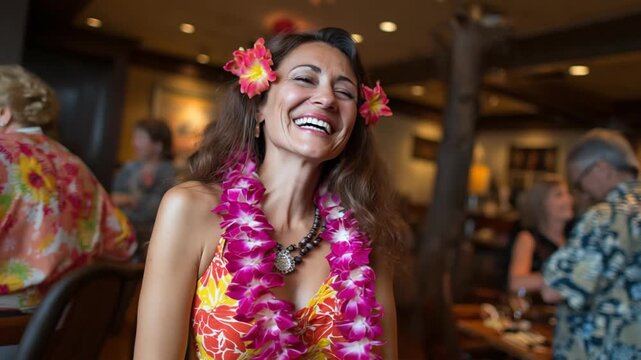 Joyful woman with flower crown and lei, radiating happiness. A celebration of culture and natural beauty. Sunny disposition, festive spirit.
