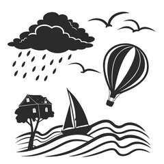 Naklejka premium Storm cloud hot air balloon sailboat birds house rain