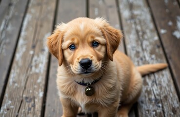 Cute golden retriever puppy sitting on wooden deck with curious expression