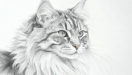 A detailed pencil drawing of a Maine Coon cat gazing attentively, showcasing intricate fur details.
