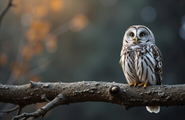 A small owl perched on a tree branch in a natural outdoor setting with soft, warm lighting