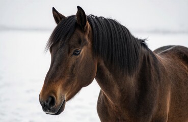 Obraz premium Close-up of a brown horse with a black mane standing in a snowy landscape