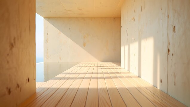 Interior wooden room with sunlight and shadows creating a bright and clean space