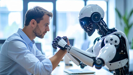 A Man engaging in a friendly arm wrestling match with a futuristic robot