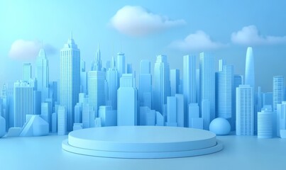 Obraz premium Minimalist Cityscape with Circular Podium and Soft Blue Sky